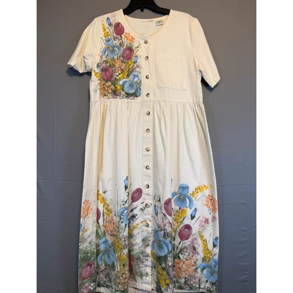 Vintage Hand Painted Floral Midi Dress Cream Cottagecore Snap Button 90s